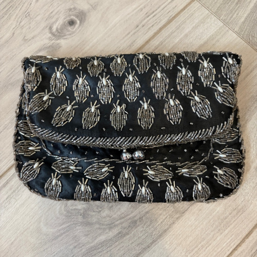 Vintage Hand Beaded Evening Clutch Bag Black Silver Pearl Flap Small Handbag